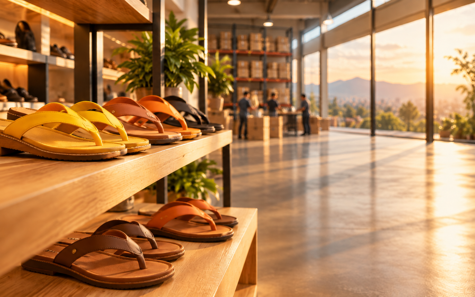 Exhibidores de sandalias con luz de atardecer en el almacén de Sol de Oro S.A.S.